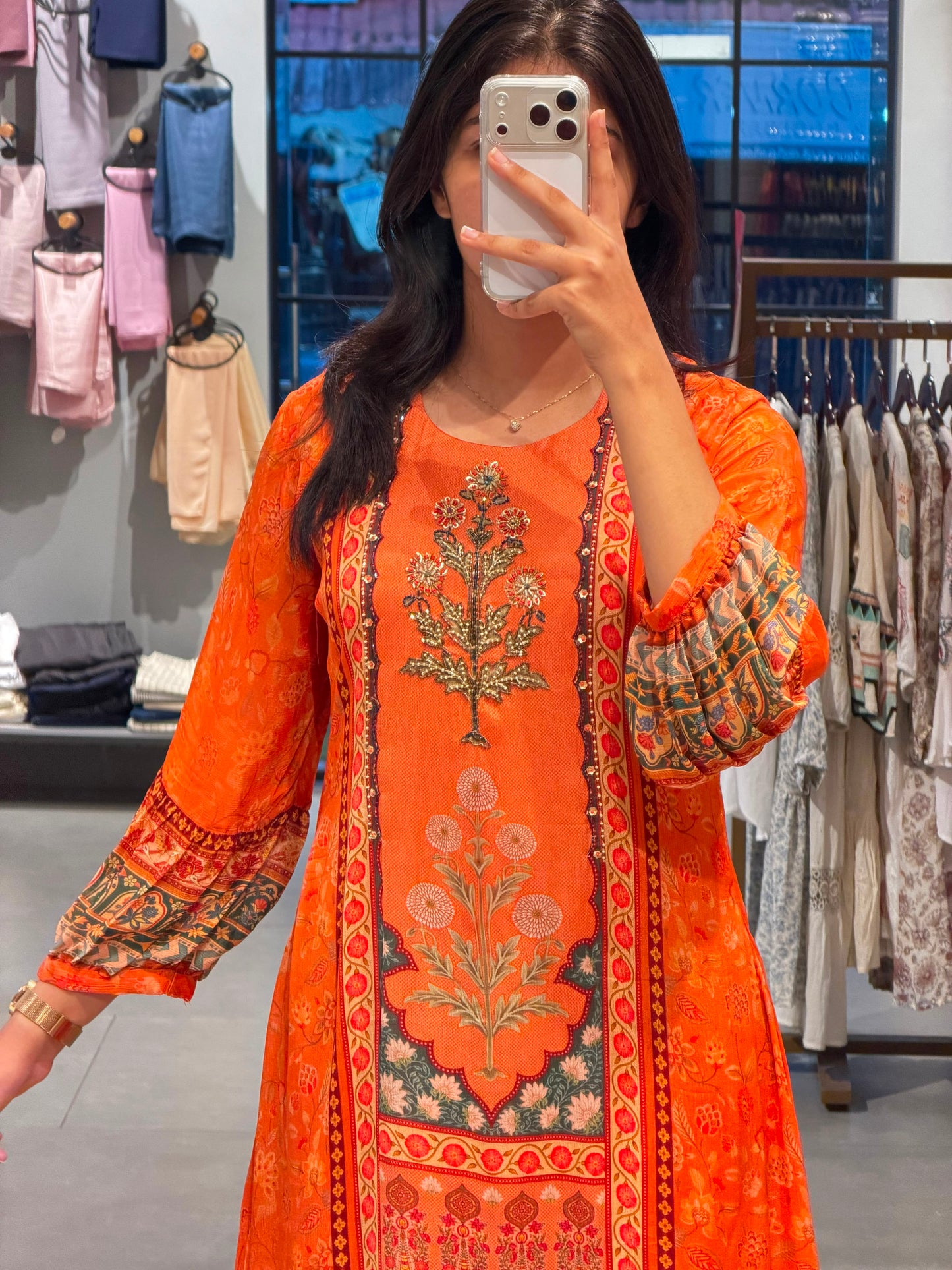 Elegant chinnon silk vibrant orange Gown