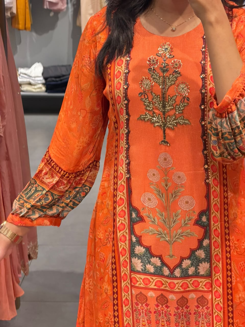 Elegant chinnon silk vibrant orange Gown